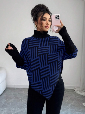 Elenzga Women's Elegant High Neck Geometric Textured Poncho Sweater, Colorblock, Suitable For Home & Travel, Spring/Autumn - Image 32