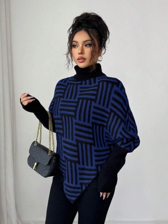 Elenzga Women's Elegant High Neck Geometric Textured Poncho Sweater, Colorblock, Suitable For Home & Travel, Spring/Autumn - Image 35