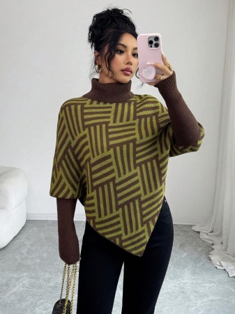 Elenzga Women's Elegant High Neck Geometric Textured Poncho Sweater, Colorblock, Suitable For Home & Travel, Spring/Autumn - Image 38