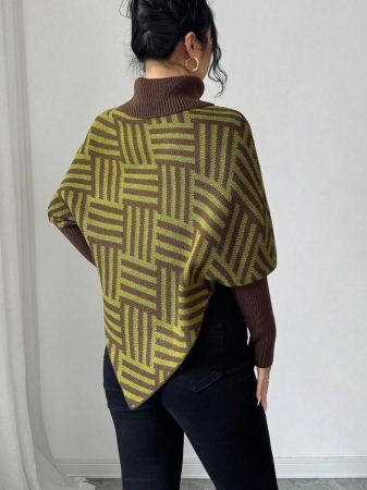 Elenzga Women's Elegant High Neck Geometric Textured Poncho Sweater, Colorblock, Suitable For Home & Travel, Spring/Autumn - Image 39