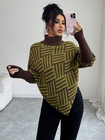 Elenzga Women's Elegant High Neck Geometric Textured Poncho Sweater, Colorblock, Suitable For Home & Travel, Spring/Autumn - Image 41