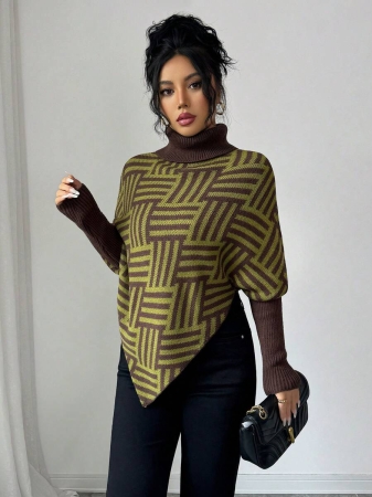 Elenzga Women's Elegant High Neck Geometric Textured Poncho Sweater, Colorblock, Suitable For Home & Travel, Spring/Autumn - Image 42