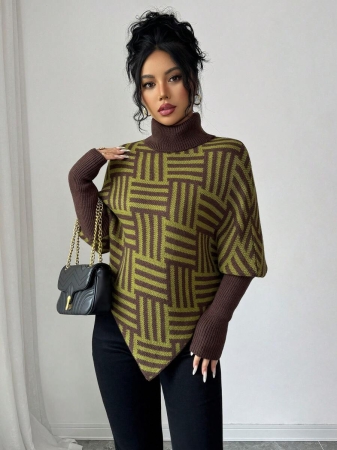 Elenzga Women's Elegant High Neck Geometric Textured Poncho Sweater, Colorblock, Suitable For Home & Travel, Spring/Autumn - Image 43