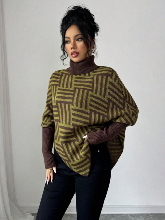 Elenzga Women's Elegant High Neck Geometric Textured Poncho Sweater, Colorblock, Suitable For Home & Travel, Spring/Autumn - Image 44