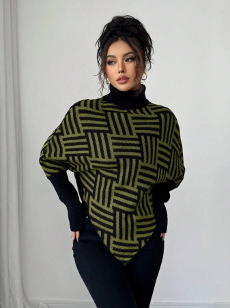 Elenzga Women's Elegant High Neck Geometric Textured Poncho Sweater, Colorblock, Suitable For Home & Travel, Spring/Autumn - Image 48