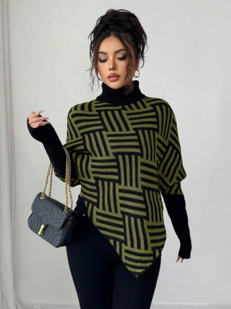 Elenzga Women's Elegant High Neck Geometric Textured Poncho Sweater, Colorblock, Suitable For Home & Travel, Spring/Autumn - Image 51