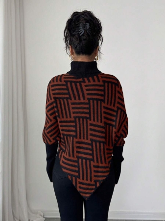 Elenzga Women's Elegant High Neck Geometric Textured Poncho Sweater, Colorblock, Suitable For Home & Travel, Spring/Autumn - Image 53