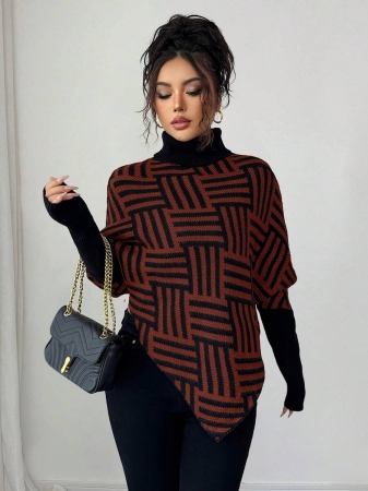 Elenzga Women's Elegant High Neck Geometric Textured Poncho Sweater, Colorblock, Suitable For Home & Travel, Spring/Autumn - Image 57