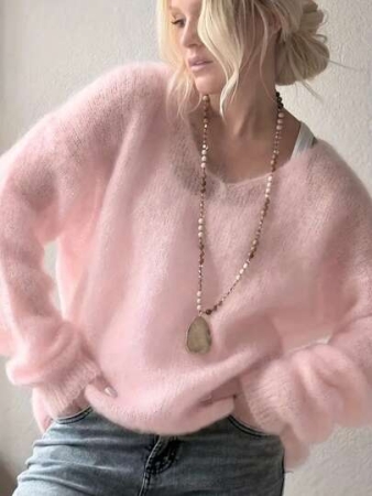 Women's Plush Mohair Blend Sweater | Dusty Pink V-Neck Fall Winter Pullover | Soft Dropped Shoulder Knit Top For Cool Weather And Everyday Coziness