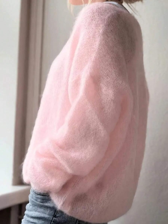 Women's Plush Mohair Blend Sweater | Dusty Pink V-Neck Fall Winter Pullover | Soft Dropped Shoulder Knit Top For Cool Weather And Everyday Coziness - Image 4