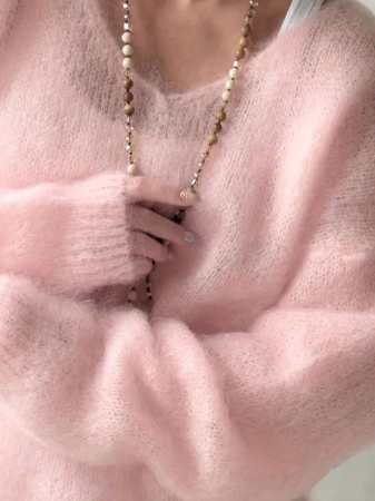 Women's Plush Mohair Blend Sweater | Dusty Pink V-Neck Fall Winter Pullover | Soft Dropped Shoulder Knit Top For Cool Weather And Everyday Coziness - Image 5