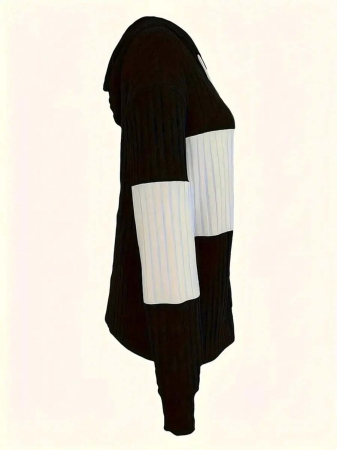 Contrast Zipper Drawstring Color Block Patchwork Hoodie, Casual Long Sleeve Ribbed Pullover Campus Style Sweatshirt, Women's Tops - Image 4