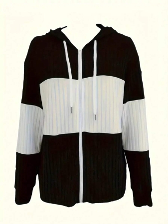 Contrast Zipper Drawstring Color Block Patchwork Hoodie, Casual Long Sleeve Ribbed Pullover Campus Style Sweatshirt, Women's Tops - Image 5