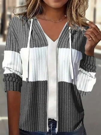 Contrast Zipper Drawstring Color Block Patchwork Hoodie, Casual Long Sleeve Ribbed Pullover Campus Style Sweatshirt, Women's Tops - Image 6