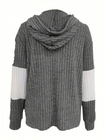 Contrast Zipper Drawstring Color Block Patchwork Hoodie, Casual Long Sleeve Ribbed Pullover Campus Style Sweatshirt, Women's Tops - Image 7