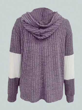 Contrast Zipper Drawstring Color Block Patchwork Hoodie, Casual Long Sleeve Ribbed Pullover Campus Style Sweatshirt, Women's Tops - Image 16