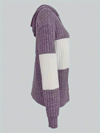 Contrast Zipper Drawstring Color Block Patchwork Hoodie, Casual Long Sleeve Ribbed Pullover Campus Style Sweatshirt, Women's Tops - Image 17