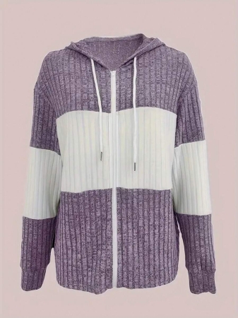 Contrast Zipper Drawstring Color Block Patchwork Hoodie, Casual Long Sleeve Ribbed Pullover Campus Style Sweatshirt, Women's Tops - Image 18