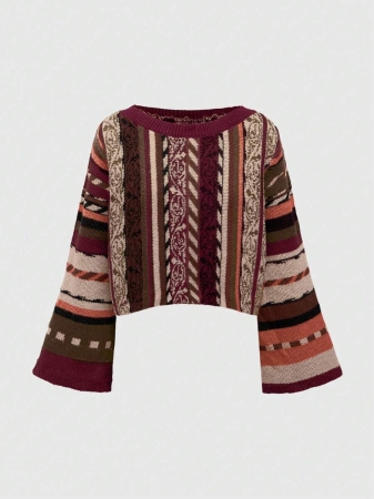 ROMWE Hippie Hippie Bohemian Vertical Striped Flare Sleeve Pullover Sweater - Image 2