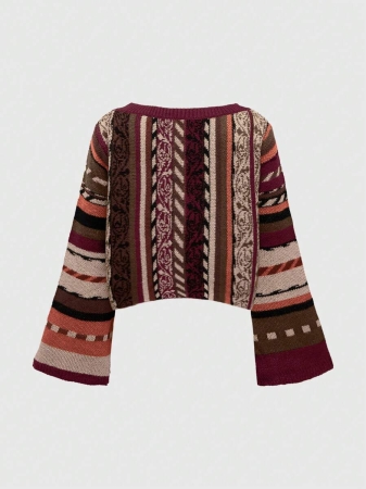 ROMWE Hippie Hippie Bohemian Vertical Striped Flare Sleeve Pullover Sweater - Image 3