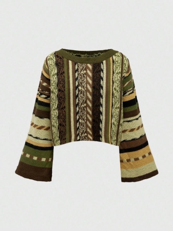 ROMWE Hippie Hippie Bohemian Vertical Striped Flare Sleeve Pullover Sweater - Image 6