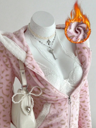 Elamini 1pc Black & White Casual Cute Contrast Color Flannel Thermal Lined Printed Leopard Heart Zip-Up Soft Sweatshirt Jacket For Women, Back To School Season - Image 2