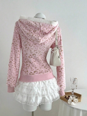 Elamini 1pc Black & White Casual Cute Contrast Color Flannel Thermal Lined Printed Leopard Heart Zip-Up Soft Sweatshirt Jacket For Women, Back To School Season - Image 3