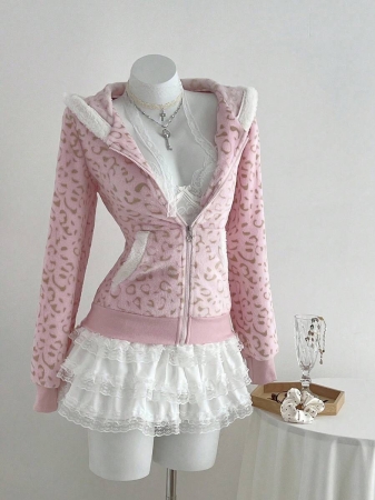 Elamini 1pc Black & White Casual Cute Contrast Color Flannel Thermal Lined Printed Leopard Heart Zip-Up Soft Sweatshirt Jacket For Women, Back To School Season - Image 4