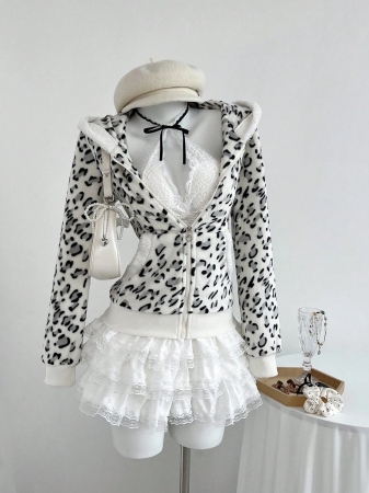 Elamini 1pc Black & White Casual Cute Contrast Color Flannel Thermal Lined Printed Leopard Heart Zip-Up Soft Sweatshirt Jacket For Women, Back To School Season - Image 11