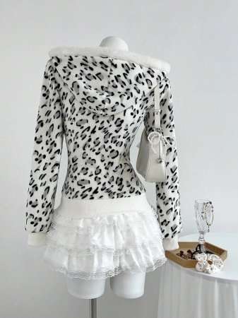 Elamini 1pc Black & White Casual Cute Contrast Color Flannel Thermal Lined Printed Leopard Heart Zip-Up Soft Sweatshirt Jacket For Women, Back To School Season - Image 12