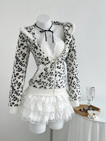 Elamini 1pc Black & White Casual Cute Contrast Color Flannel Thermal Lined Printed Leopard Heart Zip-Up Soft Sweatshirt Jacket For Women, Back To School Season - Image 13