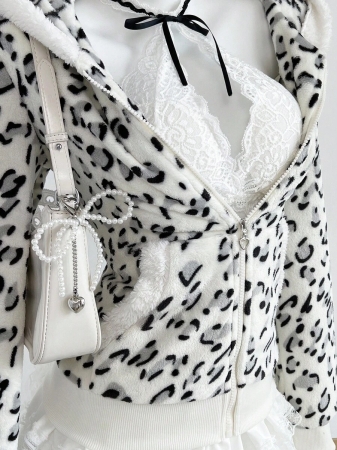 Elamini 1pc Black & White Casual Cute Contrast Color Flannel Thermal Lined Printed Leopard Heart Zip-Up Soft Sweatshirt Jacket For Women, Back To School Season - Image 15