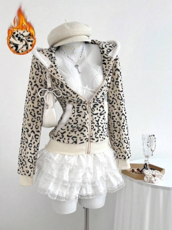 Elamini 1pc Black & White Casual Cute Contrast Color Flannel Thermal Lined Printed Leopard Heart Zip-Up Soft Sweatshirt Jacket For Women, Back To School Season - Image 20