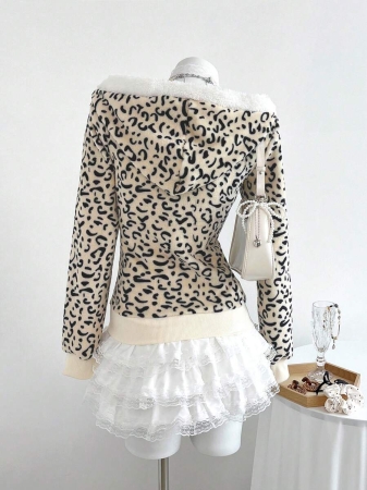 Elamini 1pc Black & White Casual Cute Contrast Color Flannel Thermal Lined Printed Leopard Heart Zip-Up Soft Sweatshirt Jacket For Women, Back To School Season - Image 21