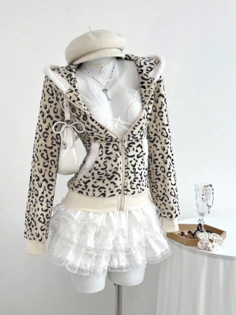 Elamini 1pc Black & White Casual Cute Contrast Color Flannel Thermal Lined Printed Leopard Heart Zip-Up Soft Sweatshirt Jacket For Women, Back To School Season - Image 23