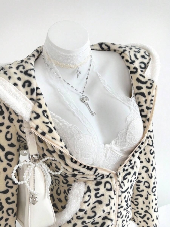 Elamini 1pc Black & White Casual Cute Contrast Color Flannel Thermal Lined Printed Leopard Heart Zip-Up Soft Sweatshirt Jacket For Women, Back To School Season - Image 25