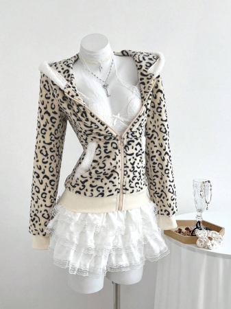 Elamini 1pc Black & White Casual Cute Contrast Color Flannel Thermal Lined Printed Leopard Heart Zip-Up Soft Sweatshirt Jacket For Women, Back To School Season - Image 26