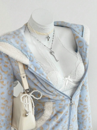 Elamini 1pc Black & White Casual Cute Contrast Color Flannel Thermal Lined Printed Leopard Heart Zip-Up Soft Sweatshirt Jacket For Women, Back To School Season - Image 28