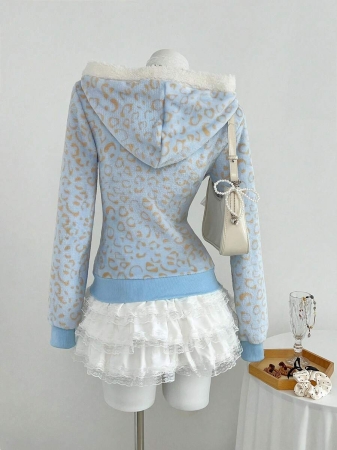 Elamini 1pc Black & White Casual Cute Contrast Color Flannel Thermal Lined Printed Leopard Heart Zip-Up Soft Sweatshirt Jacket For Women, Back To School Season - Image 29