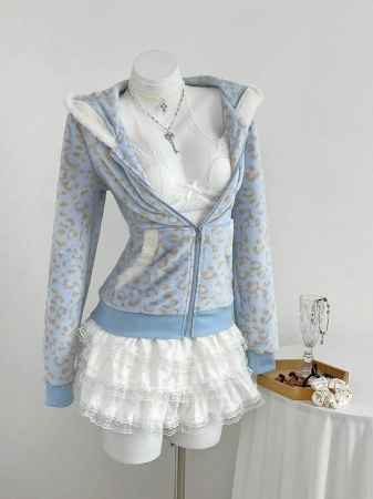 Elamini 1pc Black & White Casual Cute Contrast Color Flannel Thermal Lined Printed Leopard Heart Zip-Up Soft Sweatshirt Jacket For Women, Back To School Season - Image 31