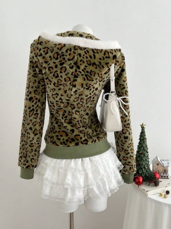 Elamini 1pc Black & White Casual Cute Contrast Color Flannel Thermal Lined Printed Leopard Heart Zip-Up Soft Sweatshirt Jacket For Women, Back To School Season - Image 34