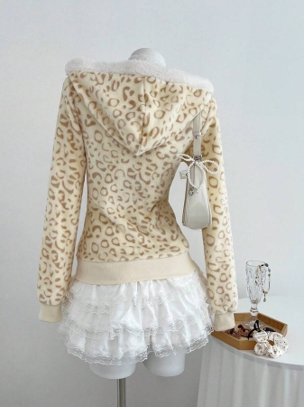 Elamini 1pc Black & White Casual Cute Contrast Color Flannel Thermal Lined Printed Leopard Heart Zip-Up Soft Sweatshirt Jacket For Women, Back To School Season - Image 42