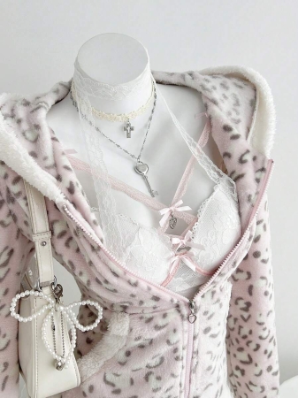 Elamini 1pc Black & White Casual Cute Contrast Color Flannel Thermal Lined Printed Leopard Heart Zip-Up Soft Sweatshirt Jacket For Women, Back To School Season - Image 50