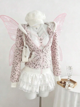 Elamini 1pc Black & White Casual Cute Contrast Color Flannel Thermal Lined Printed Leopard Heart Zip-Up Soft Sweatshirt Jacket For Women, Back To School Season - Image 52