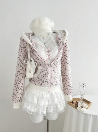 Elamini 1pc Black & White Casual Cute Contrast Color Flannel Thermal Lined Printed Leopard Heart Zip-Up Soft Sweatshirt Jacket For Women, Back To School Season - Image 53