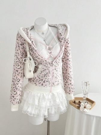 Elamini 1pc Black & White Casual Cute Contrast Color Flannel Thermal Lined Printed Leopard Heart Zip-Up Soft Sweatshirt Jacket For Women, Back To School Season - Image 54