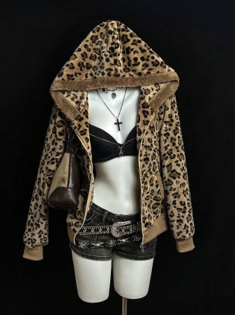 Elamini 1pc Black & White Casual Cute Contrast Color Flannel Thermal Lined Printed Leopard Heart Zip-Up Soft Sweatshirt Jacket For Women, Back To School Season - Image 58