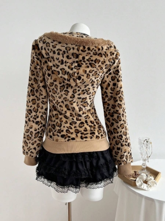 Elamini 1pc Black & White Casual Cute Contrast Color Flannel Thermal Lined Printed Leopard Heart Zip-Up Soft Sweatshirt Jacket For Women, Back To School Season - Image 59