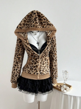 Elamini 1pc Black & White Casual Cute Contrast Color Flannel Thermal Lined Printed Leopard Heart Zip-Up Soft Sweatshirt Jacket For Women, Back To School Season - Image 61