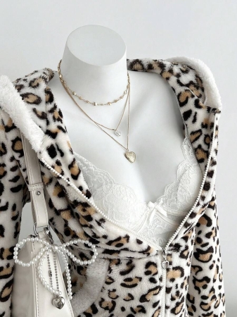 Elamini 1pc Black & White Casual Cute Contrast Color Flannel Thermal Lined Printed Leopard Heart Zip-Up Soft Sweatshirt Jacket For Women, Back To School Season - Image 67